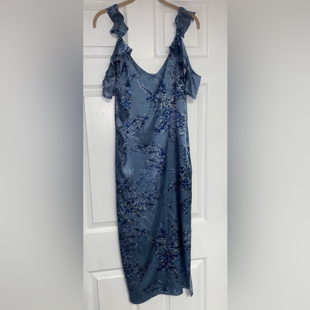Blue Silky Floral Midi Dress with Shoulder Ruffled Straps